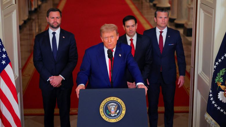 President Donald Trump delivers an address to the nation at the White House in Washington, DC, on June 21.