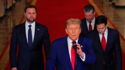 President Donald Trump delivers an address to the nation, alongside Vice President JD Vance, Secretary of State Marco Rubio and Defense Secretary Pete Hegseth, at the White House on Saturday evening, following US strikes on Iran's nuclear facilities.