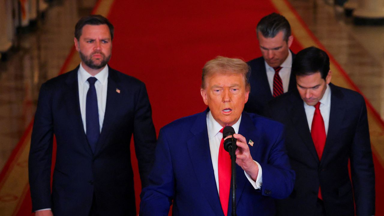 President Donald Trump delivers an address to the nation, alongside Vice President JD Vance, Secretary of State Marco Rubio and Defense Secretary Pete Hegseth, at the White House on Saturday evening, following US strikes on Iran's nuclear facilities.