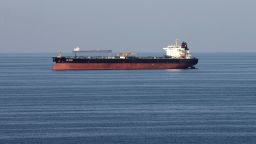 Oil tankers pass through the Strait of Hormuz.