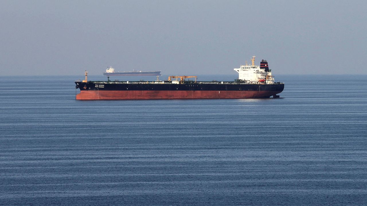 Oil tankers pass through the Strait of Hormuz.