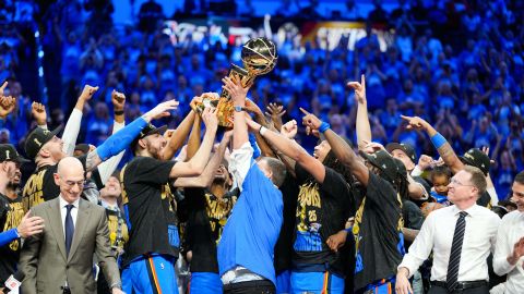 Jun 22, 2025; Oklahoma City, Oklahoma, USA; The Oklahoma City Thunder lift the Larry O'Brien Championship Trophy as they celebrate after winning game seven of the 2025 NBA Finals against the Indiana Pacers at Paycom Center. Mandatory Credit: Kyle Terada-Imagn Images