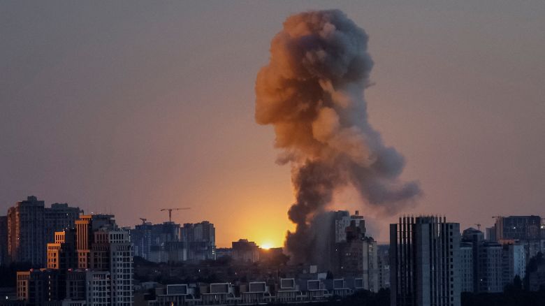 An explosion of a missile lights up the sky over the city during a Russian drone and missile strike, amid Russia's attack on Ukraine, in Kyiv, Ukraine June 23, 2025.