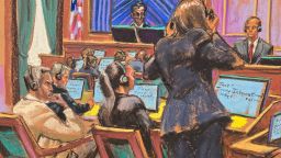 Prosecutor Maurene Comey questions Joseph Cerciello as Sean "Diddy" Combs and his defense lawyers Brian Steel and Teny Geragos watch, before U.S. District Judge Arun Subramanian during Combs' sex trafficking trial in New York City, New York, U.S., June 23, 2025 in this courtroom sketch. REUTERS/Jane Rosenberg