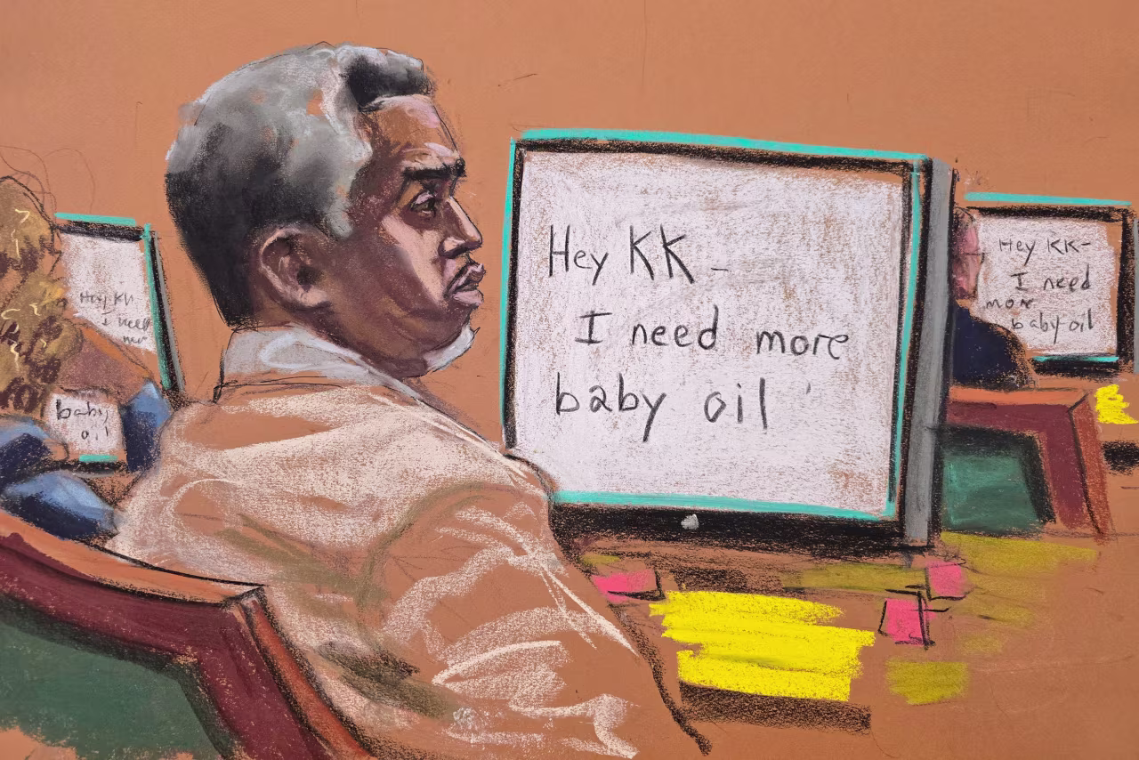 Sean "Diddy" Combs watches proceedings as text messages between him and his former chief of staff Kristina Khorram are shown at his trial in New York on Monday.