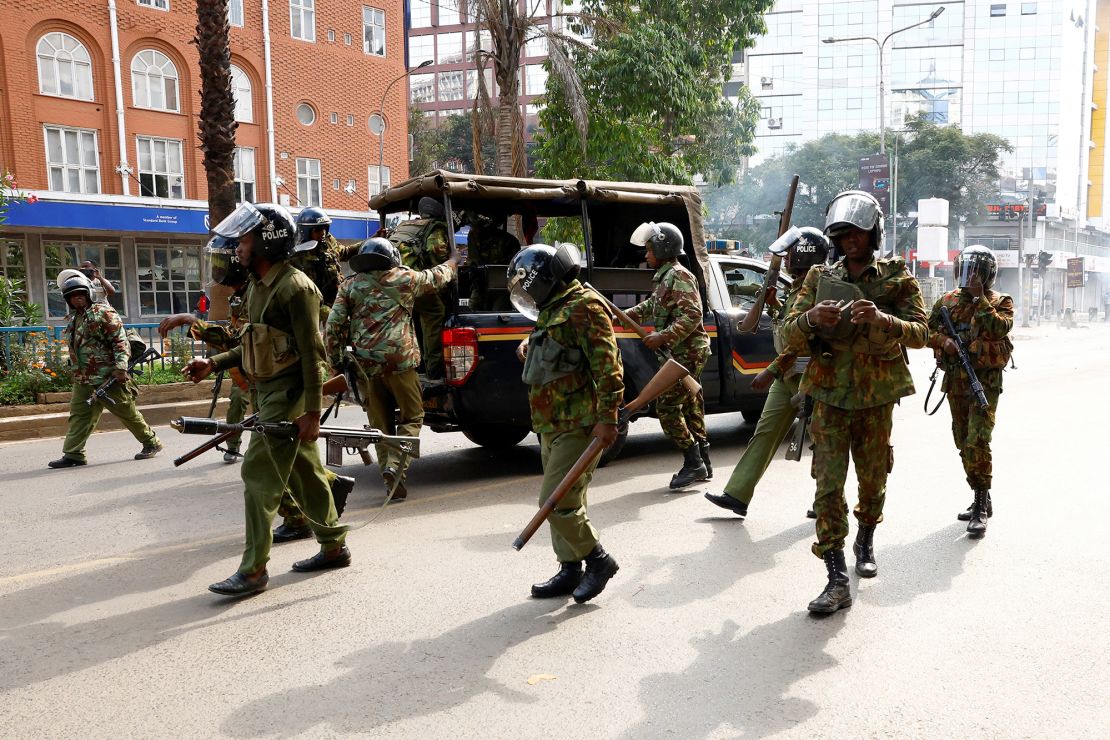 Police officers during demonstrations in Kenya's capital on June 25.