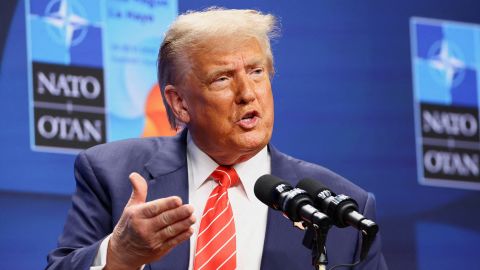 U.S. President Donald Trump speaks during a press conference at the NATO summit in The Hague, Netherlands June 25, 2025. REUTERS/Piroschka Van De Wouw