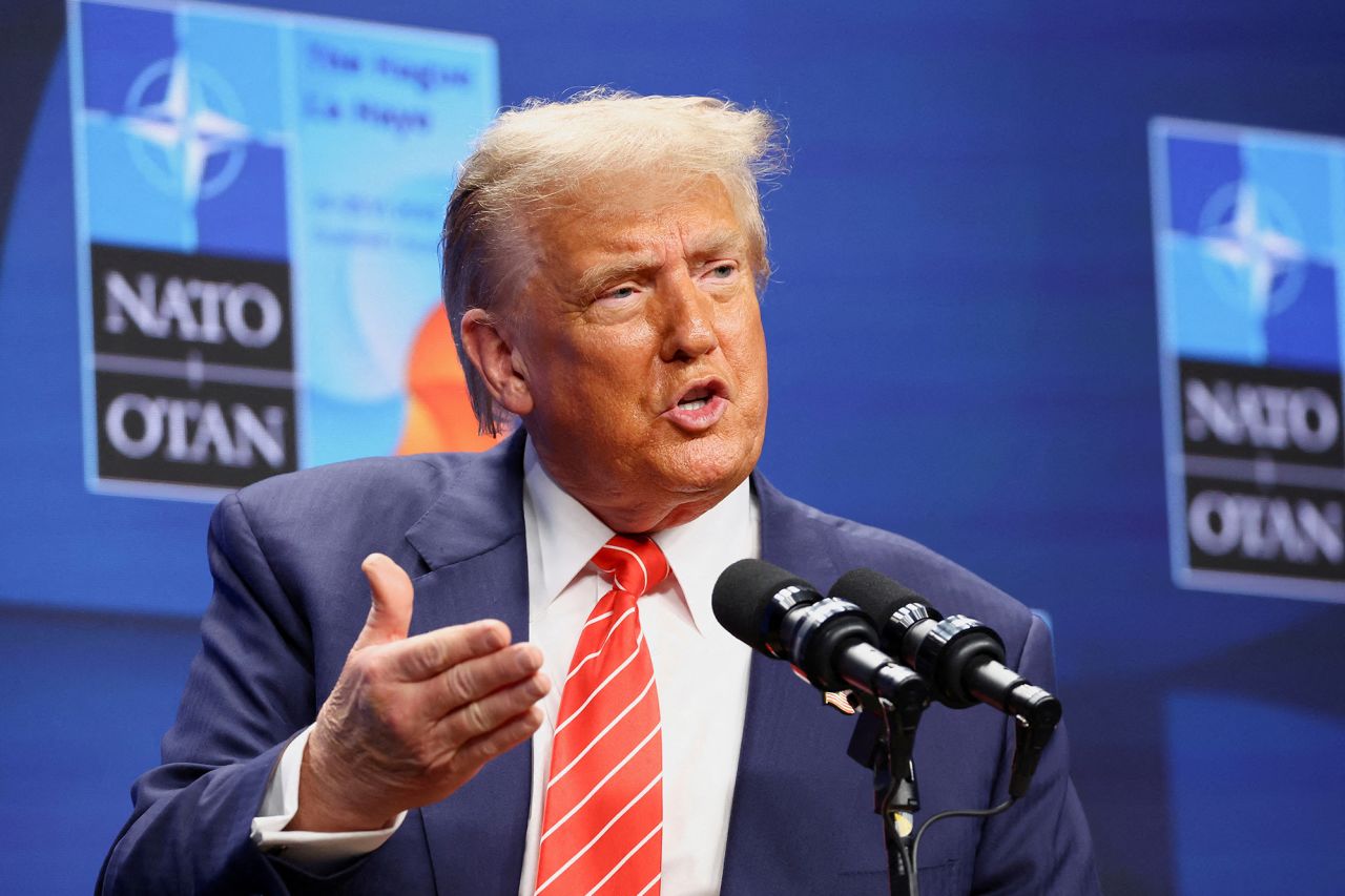 US President Donald Trump speaks during a press conference at the NATO summit in The Hague, Netherlands, on Wednesday.
