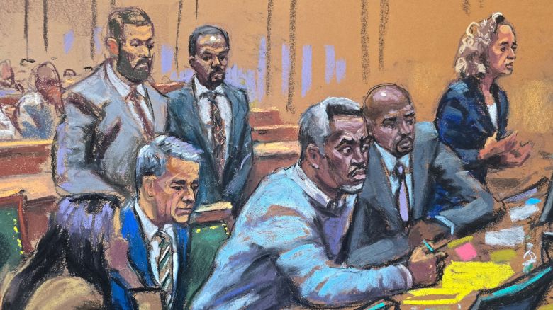 Sean "Diddy" Combs attends a charge conference with his defense lawyers Nicole Westmoreland, Brian Steel, Xavier R. Donaldson and Alexandra Shapiro during Combs' sex trafficking trial in New York City, New York, U.S., June 25, 2025 in this courtroom sketch.