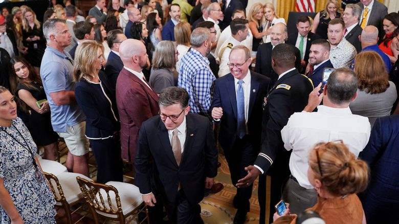 U.S. House of Representatives Speaker Mike Johnson attends a "One Big Beautiful" event held by U.S. President Donald Trump (not pictured) at the White House in Washington, DC., U.S., June 26, 2025. REUTERS/Nathan Howard