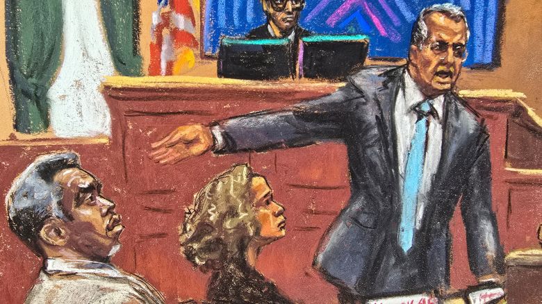 Sean "Diddy" Combs listens as his lawyer Marc Agnifilo makes his closing arguments during Combs' sex trafficking trial in New York City, New York, U.S., June 27, 2025 in this courtroom sketch.