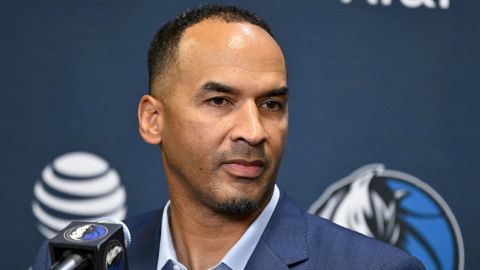 Jun 27, 2025; Dallas, TX, USA; Dallas Mavericks general manager Nico Harrison speaks to the media at the Dallas Mavericks Practice Facility. Mandatory Credit: Jerome Miron-Imagn Images