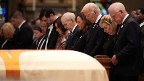 Lt. Gov. Peggy Flanagan, former Minnesota Gov. Mark Dayton, former US Vice President Kamala Harris, former US President Joe Biden, Gwen Walz and Minnesota Gov. Tim Walz attend funeral services for Mark and Melissa Hortman at the Basilica of St. Mary in Minneapolis, Minnesota, June 28, 2025.