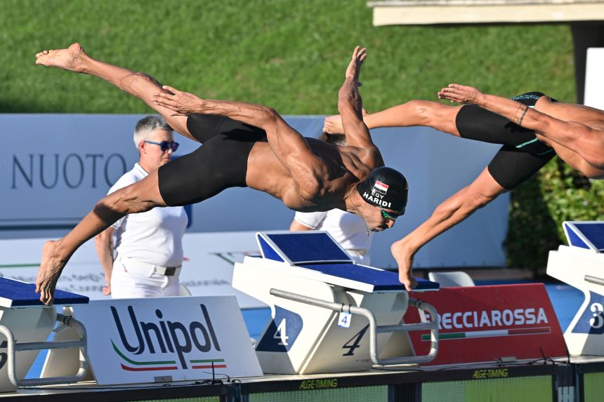 Elaraby competing in the 100m butterfly at the SetteColli swim meet on June 28.