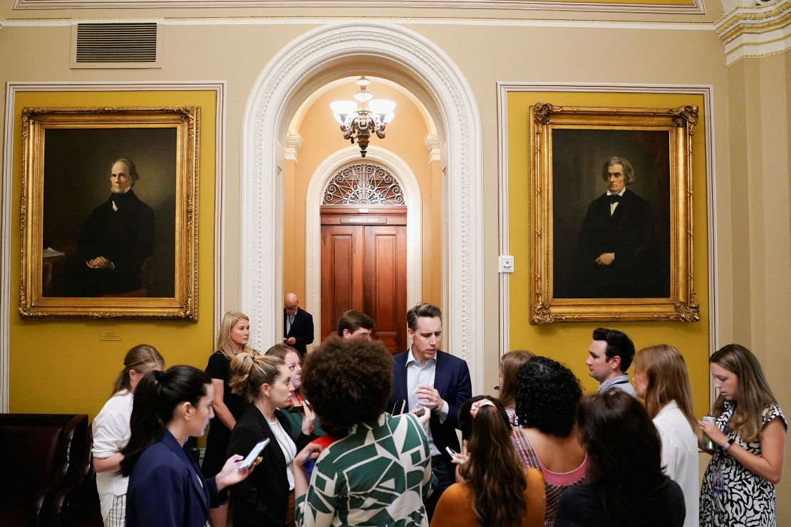 Sen. Josh Hawley talks to reporters as Republican lawmakers struggle to pass President Donald Trump’s sweeping spending and tax bill on Capitol Hill on June 28, 2025.
