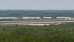 A drone view shows the construction site of the state's forthcoming "Alligator Alcatraz" ICE detention center at Dade-Collier Training and Transition Airport in Ochopee, Florida, on June 28, 2025.
