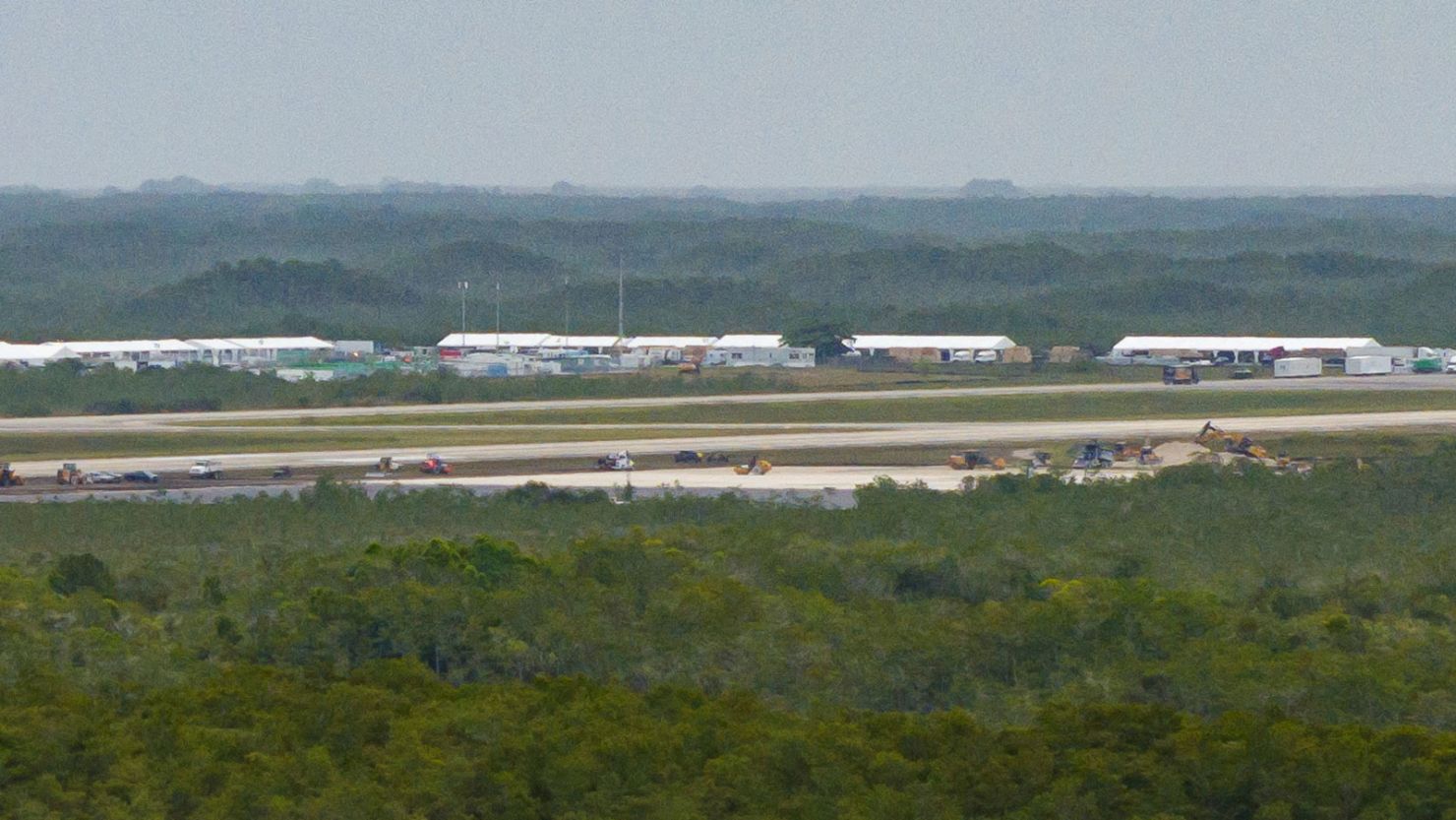 A drone view shows the construction site of the state's forthcoming "Alligator Alcatraz" ICE detention center at Dade-Collier Training and Transition Airport in Ochopee, Florida, on June 28, 2025.