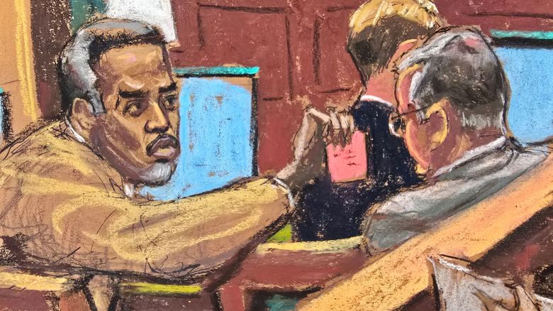 Sean "Diddy" Combs passes a note to his attorney Marc Agnifilo during Combs' sex trafficking trial in New York City, New York, U.S., June 30, 2025 in this courtroom sketch. REUTERS/Jane Rosenberg

 