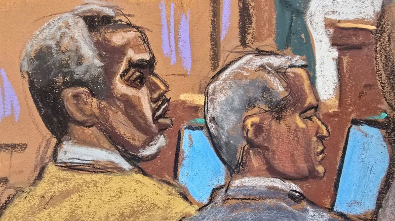 Sean "Diddy" Combs watches as lawyers argue with U.S. District Judge Arun Subramanian how to respond to a note sent by jurors, during Combs' sex trafficking trial in New York City, New York, U.S., July 1, 2025 in this courtroom sketch. REUTERS/Jane Rosenberg

 