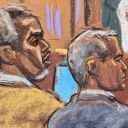 Sean "Diddy" Combs watches as lawyers argue with U.S. District Judge Arun Subramanian how to respond to a note sent by jurors, during Combs' sex trafficking trial in New York City, New York, U.S., July 1, 2025 in this courtroom sketch. REUTERS/Jane Rosenberg

 