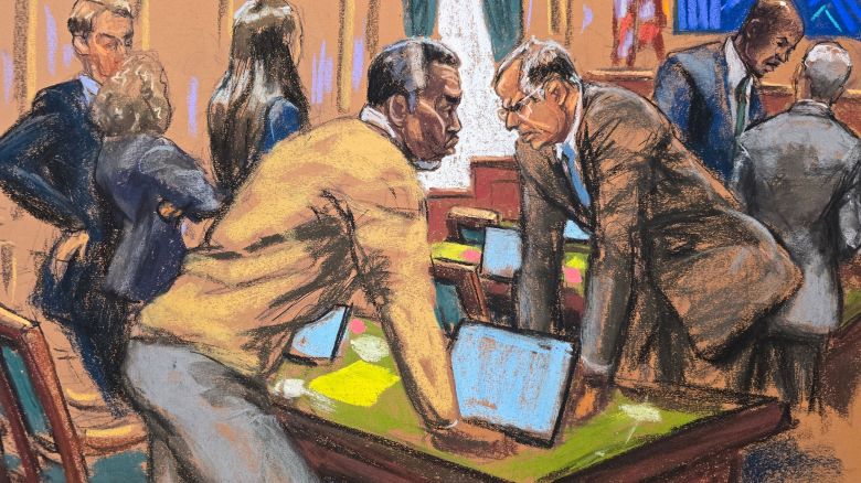 Sean "Diddy" Combs and his attorney Marc Agnifilo discuss with other defense lawyers on how to respond to a new note sent by jurors, during Combs' sex trafficking trial in New York City, New York, U.S., July 1, 2025 in this courtroom sketch. REUTERS/Jane Rosenberg

 