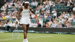 Coco Gauff of the U.S. reacts during her first round match against Ukraine's Dayana Yastremska.