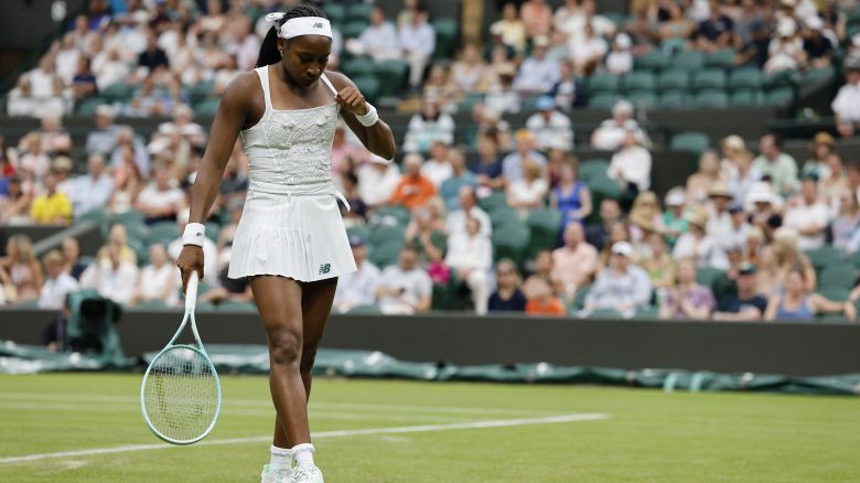 Coco Gauff of the U.S. reacts during her first round match against Ukraine's Dayana Yastremska.