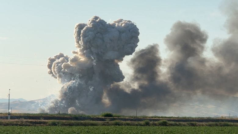 Clouds of smoke rise following explosions at a firework storage warehouse in Esparto, California, United States, July 1, 2025 in this screengrab taken from a social media video.