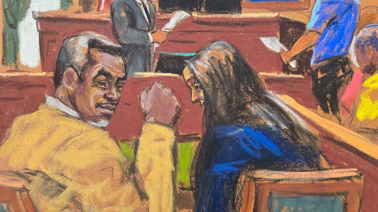 Sean "Diddy" Combs reacts as the jury foreperson and courtroom deputy read verdicts before U.S. District Judge Arun Subramanian of the five counts against him, during Combs' sex trafficking trial in New York City, New York, U.S., July 2, 2025 in this courtroom sketch.
