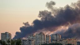 Smoke is seen above the city after a Russian drone and missile strike in Kyiv, Ukraine, on Friday July 4.