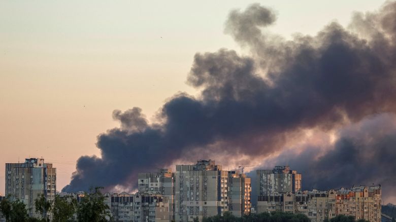 Smoke is seen above the city after a Russian drone and missile strike in Kyiv, Ukraine, on Friday July 4.
