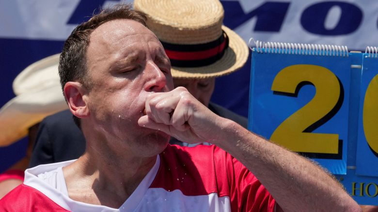 Joey Chestnut, a multi-time winner, competes during the 2025 Nathan's Famous International Hot Dog Eating Contest, at Coney Island, Brooklyn in New York City, U.S., July 4, 2025. REUTERS/David 'Dee' Delgado
