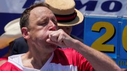 Joey Chestnut, a multi-time winner, competes during the 2025 Nathan's Famous International Hot Dog Eating Contest, at Coney Island, Brooklyn in New York City, U.S., July 4, 2025. REUTERS/David 'Dee' Delgado