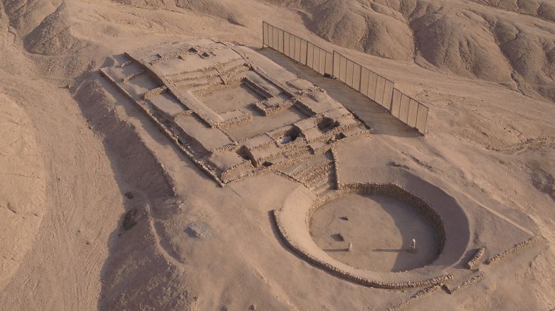 Aerial view of the archaeological zone in the northern Barranca province as archaeologists on Thursday unveiled a 3,500-year-old city in Peru that likely served as a trading hub linking Pacific coast cultures with those in the Andes and Amazon, flourishing around the same time as early civilizations in the Middle East and Asia, in the northern Barranca province, Peru in this undated handout photo released on July 3, 2025. Caral Archaeological Zone/Handout via REUTERS  THIS IMAGE HAS BEEN SUPPLIED BY A THIRD PARTY. NO RESALES. NO ARCHIVES