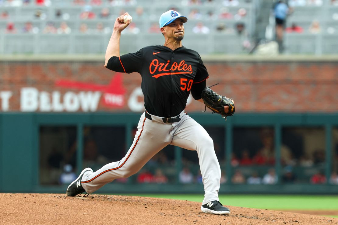 Baltimore Orioles starting pitcher Charlie Morton throws against the Atlanta Braves in the first inning at Truist Park.