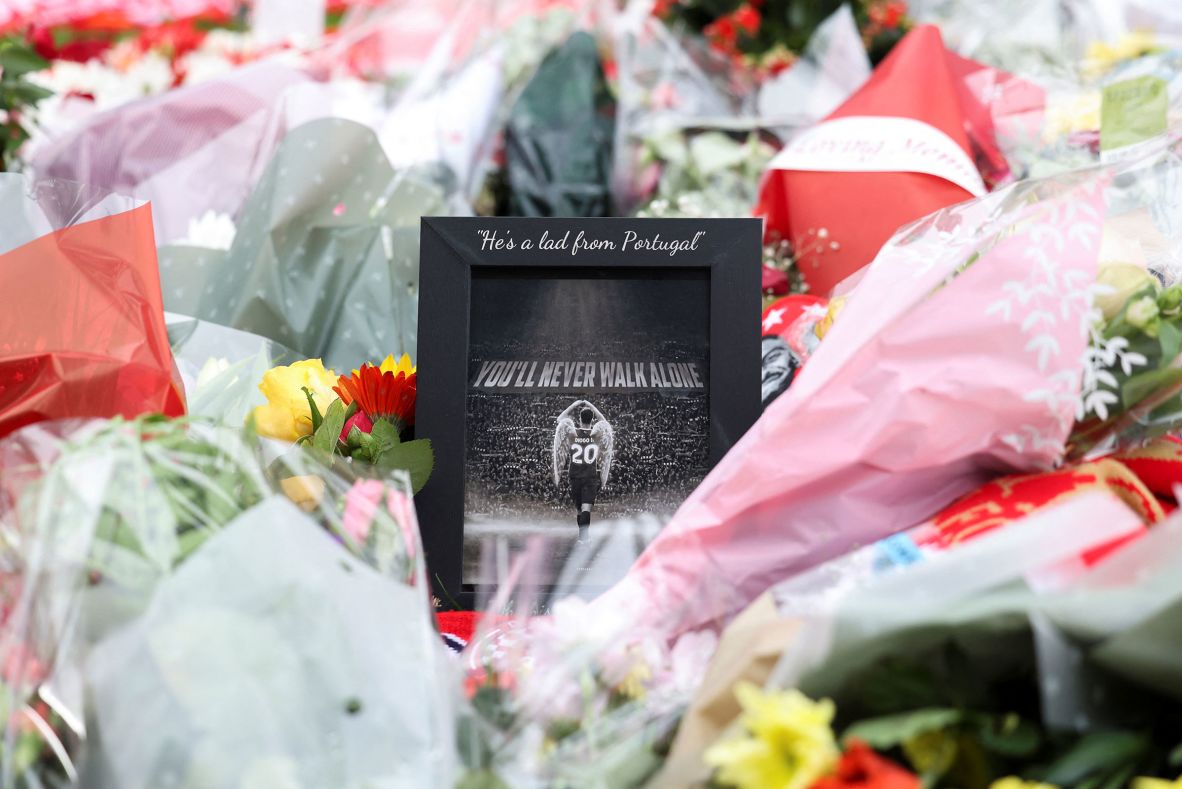 A tribute to Diogo Jota is placed outside Anfield Stadium in Liverpool, England, on Saturday, July 5, the day his funeral was held in Portugal.