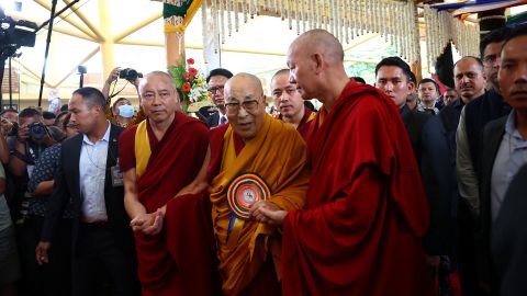 The Dalai Lama arrives to attend his 90th birthday celebration at the Tsuklakhang Tibetan Buddhist complex in Dharamshala, India, on Sunday.