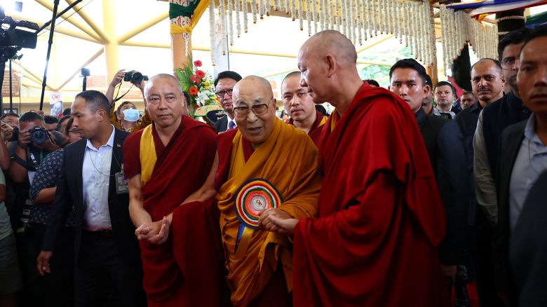 The Dalai Lama arrives to attend his 90th birthday celebration at the Tsuklakhang Tibetan Buddhist complex in Dharamshala, India, on Sunday.