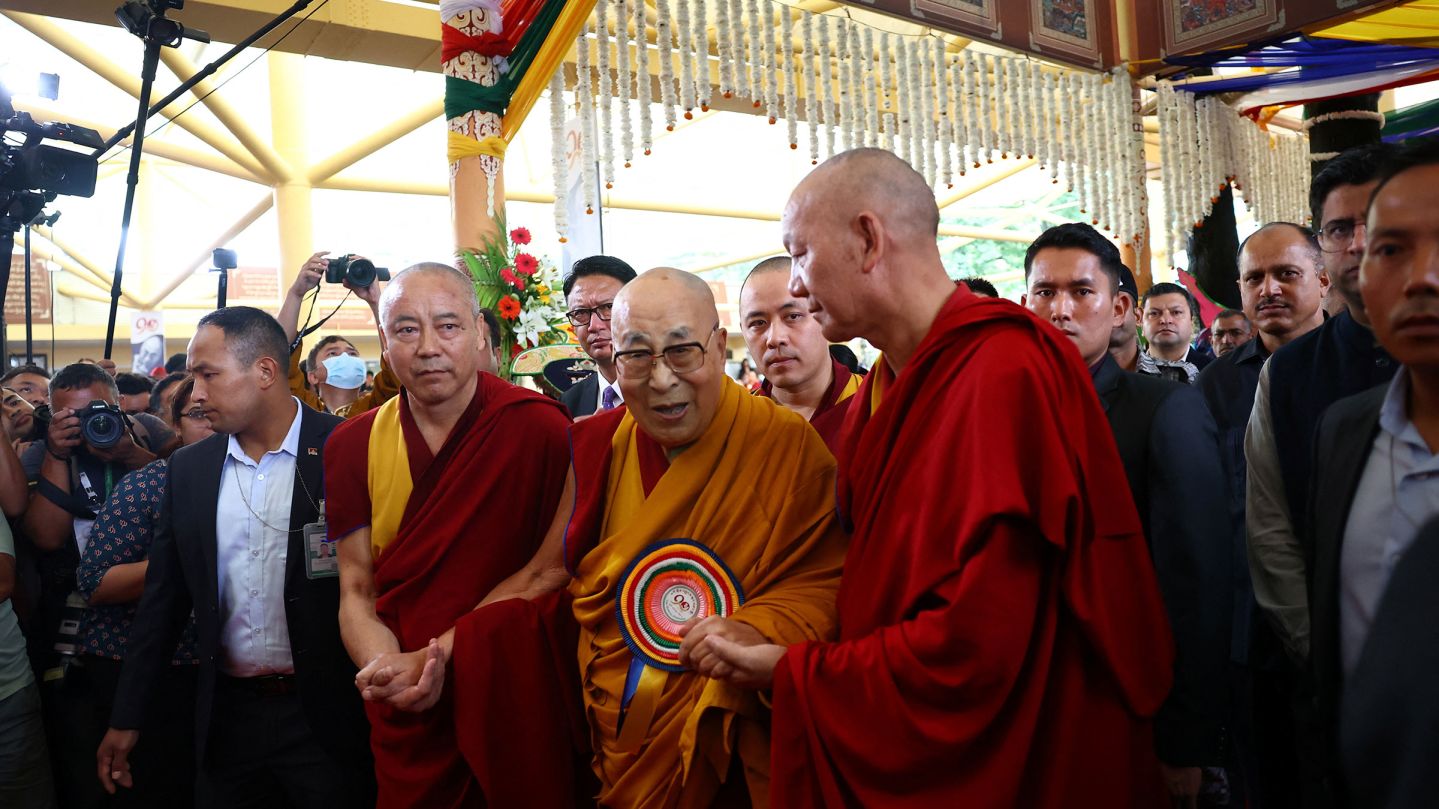 The Dalai Lama arrives to attend his 90th birthday celebration at the Tsuklakhang Tibetan Buddhist complex in Dharamshala, India, on Sunday.