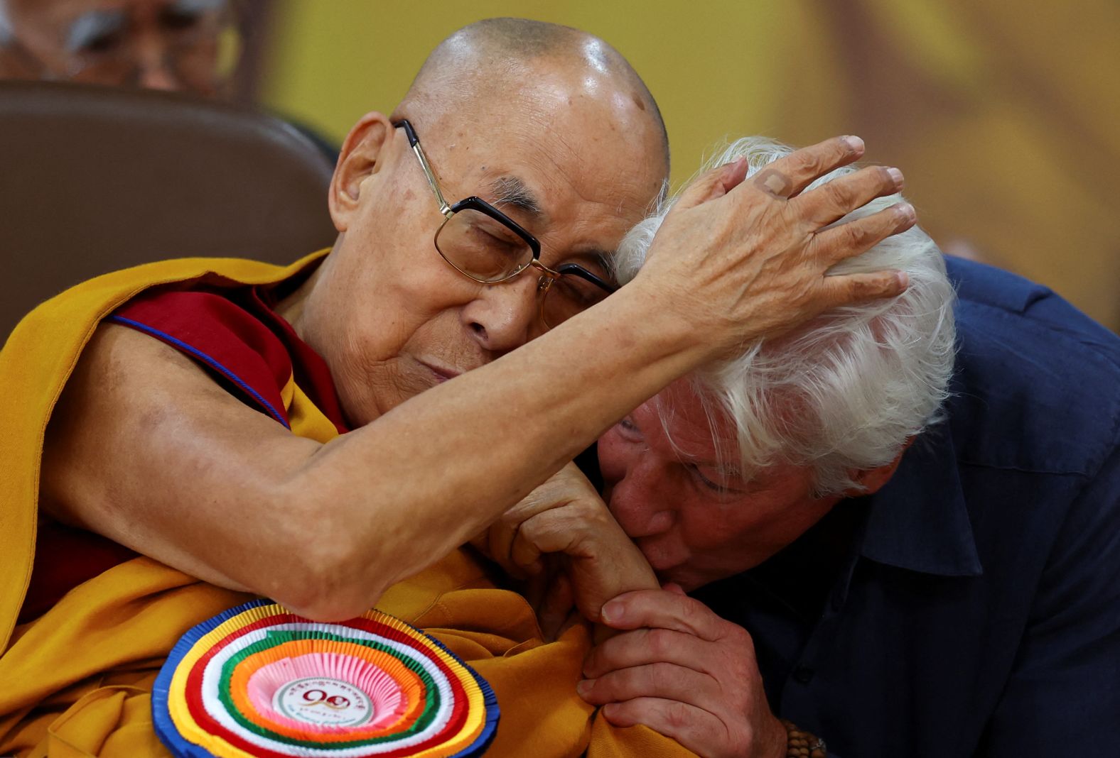 Actor Richard Gere kisses the hand of Tibetan spiritual leader, the 14th Dalai Lama, during his 90th birthday celebration at the Tsuglagkhang, also known as the Dalai Lama Temple complex, in the northern town of Dharamshala, India, on July 2025.