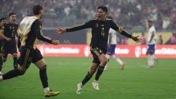 Jul 6, 2025; Houston, Texas, USA; Mexico midfielder Edson Alvarez (4) celebrates with teammates after scoring a goal against the United States during the 2025 Gold Cup Final at NRG Stadium. Mandatory Credit: Thomas Shea-Imagn Images