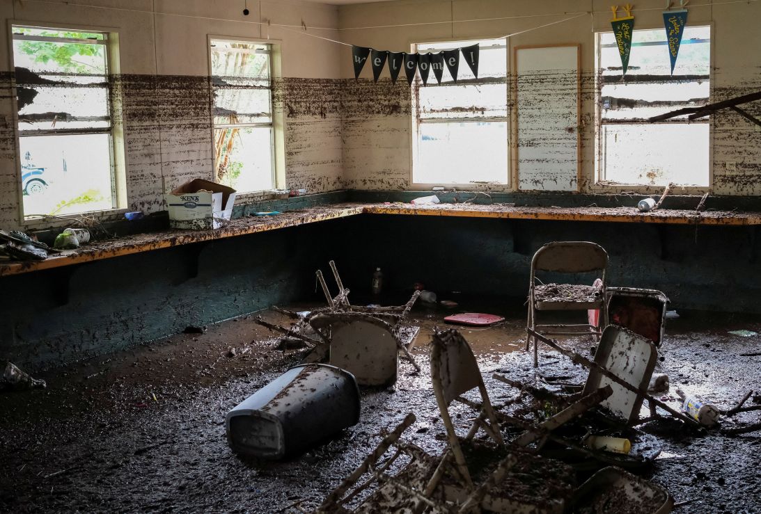 Chairs lie inside a flood-damaged room at Camp Mystic in Hunt, Texas, on July 7.