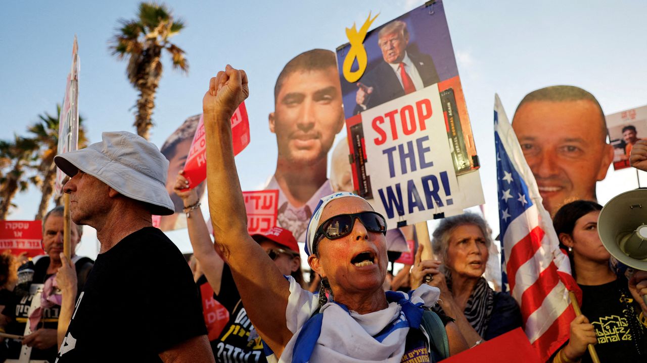 Demonstrators take part in a protest to demand the immediate release of all hostages held in Gaza since the October 7, 2023 attack on Israel by Hamas, near the U.S. Consulate in Tel Aviv, Israel, July 7, 2025.