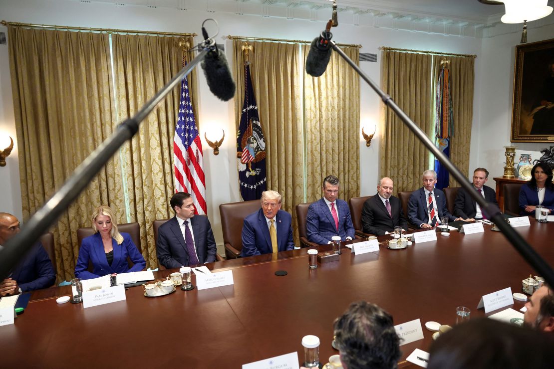 US President Donald Trump attends a Cabinet meeting at the White House on Tuesday, July 8, 2025.