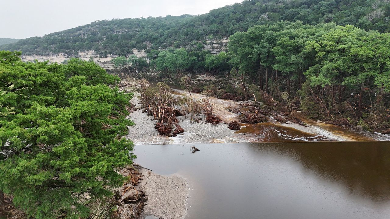 An image taken by a drone shows the Guadalupe River and damage from flooding near Camp Mystic, in Hunt, Texas, on Sunday.