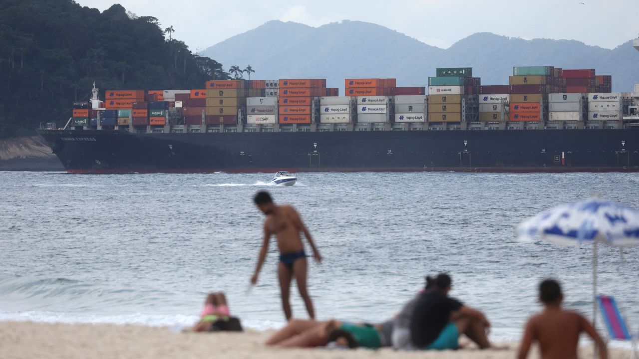 A cargo ship is seen from Copacabana beach in Rio de Janeiro, Brazil, on July 10, 2025.