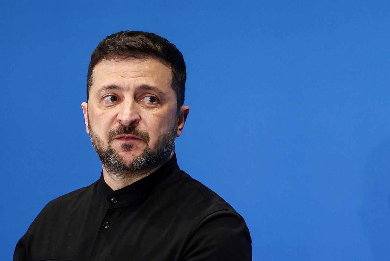 Ukrainian President Volodymyr Zelenskiy speaks during a press conference in Rome on July 10.