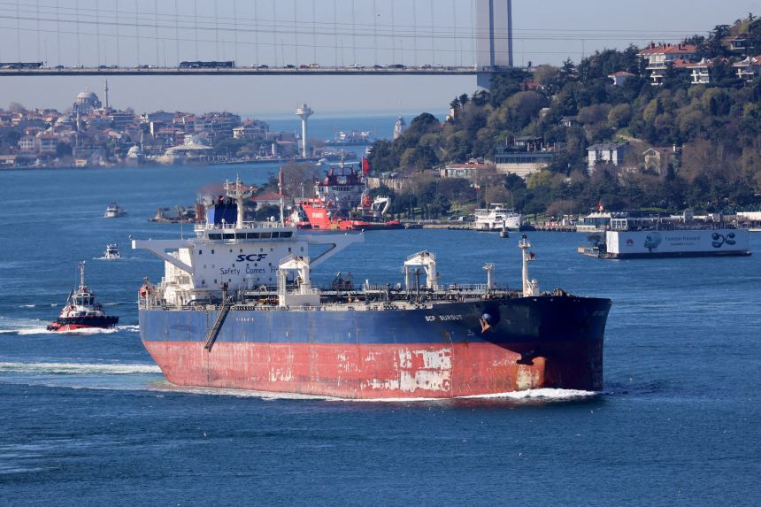 A crude oil tanker owned by Russia's leading tanker group Sovcomflot, transiting through the Bosphorus in Istanbul, Turkey on April 4, 2024.