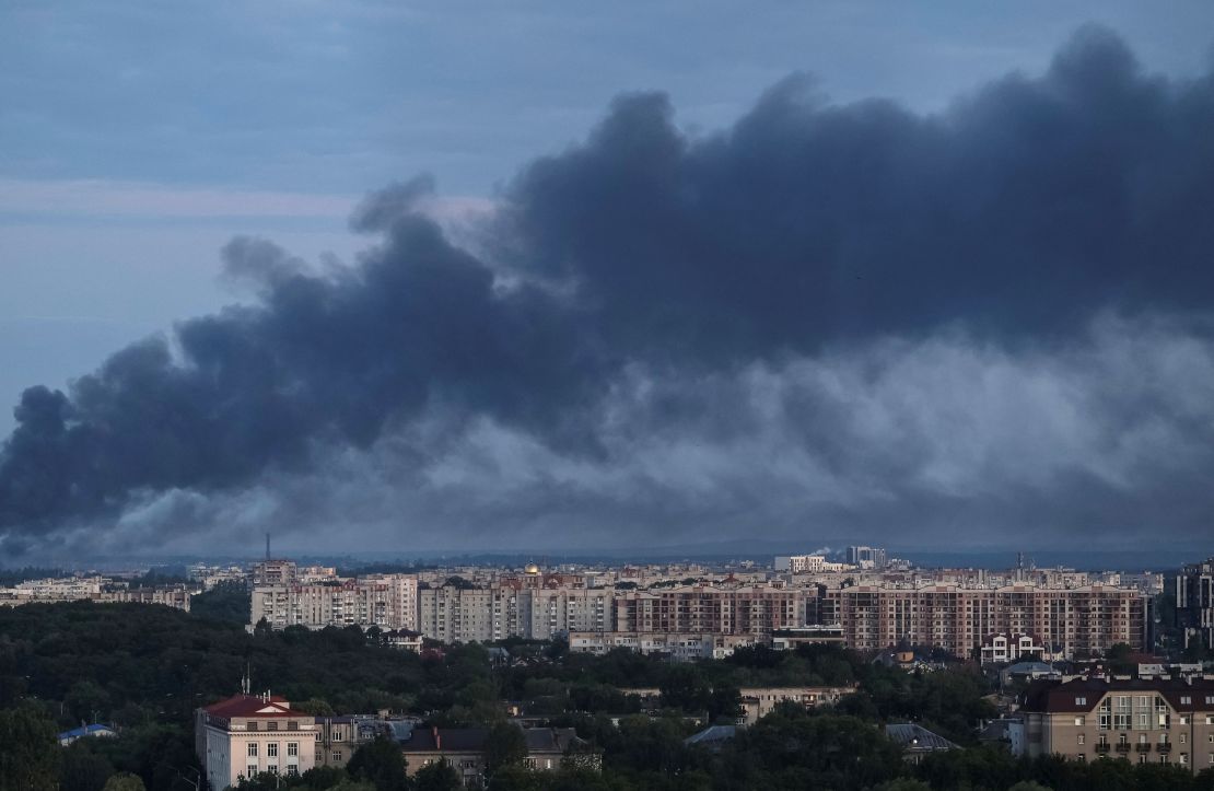Smoke is seen in the city after a Russian drone and missile strike, amid Russia's attack in Lviv, Ukraine July 12, 2025.