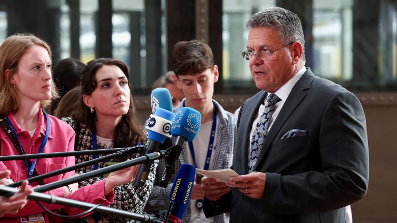 Maros Sefcovic, the European Union's trade chief, is pictured speaking to reporters ahead of an EU Foreign Affairs Council meeting to discuss EU-US trade relations, in Brussels, Belgium on July 14, 2025.